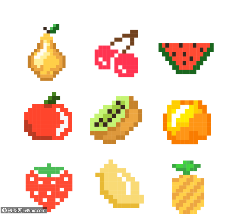 马赛克风格可爱卡通彩色像素水果