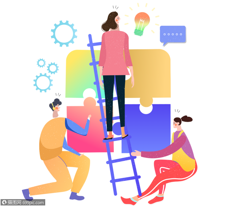 卡通手绘商务团队合作拼图