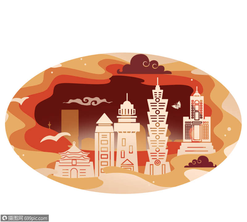 免抠元素 手绘/卡通元素 橘色剪纸风格台湾建筑.psd