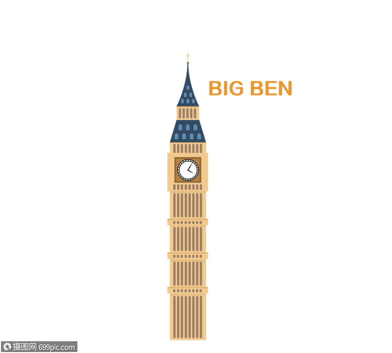 免抠元素 手绘/卡通元素 英国特征建筑伦敦大本钟黄色扁平元素.psd