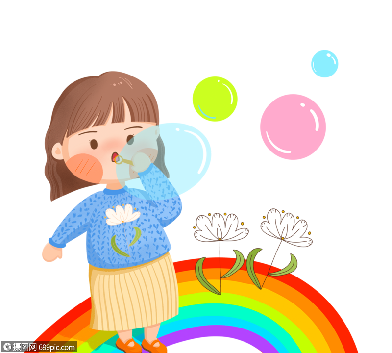 儿童节吹泡泡女孩花朵彩色气泡