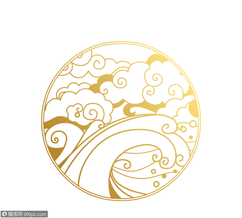 海浪剪纸风格金色剪纸中国风格