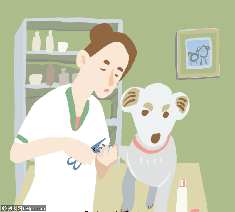 免抠元素 手绘/卡通元素 手拿手机 宠物美容师手绘插图狗指甲.psd