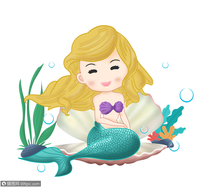 卡通手绘可爱美人鱼海底水草