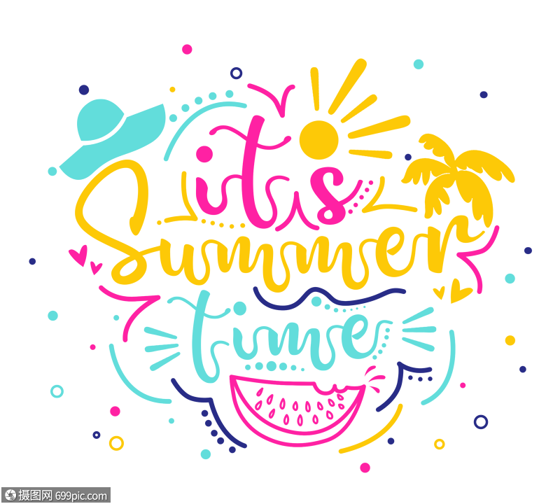 彩色手绘夏天到了字体设计元素