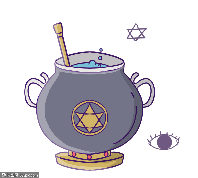 手绘卡通魔法器具巫师熬制药水锅金属熬制钥匙