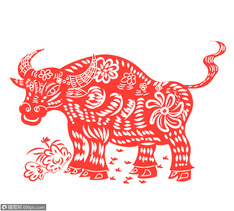 中国风格剪纸红色窗花牛牛年新年快乐