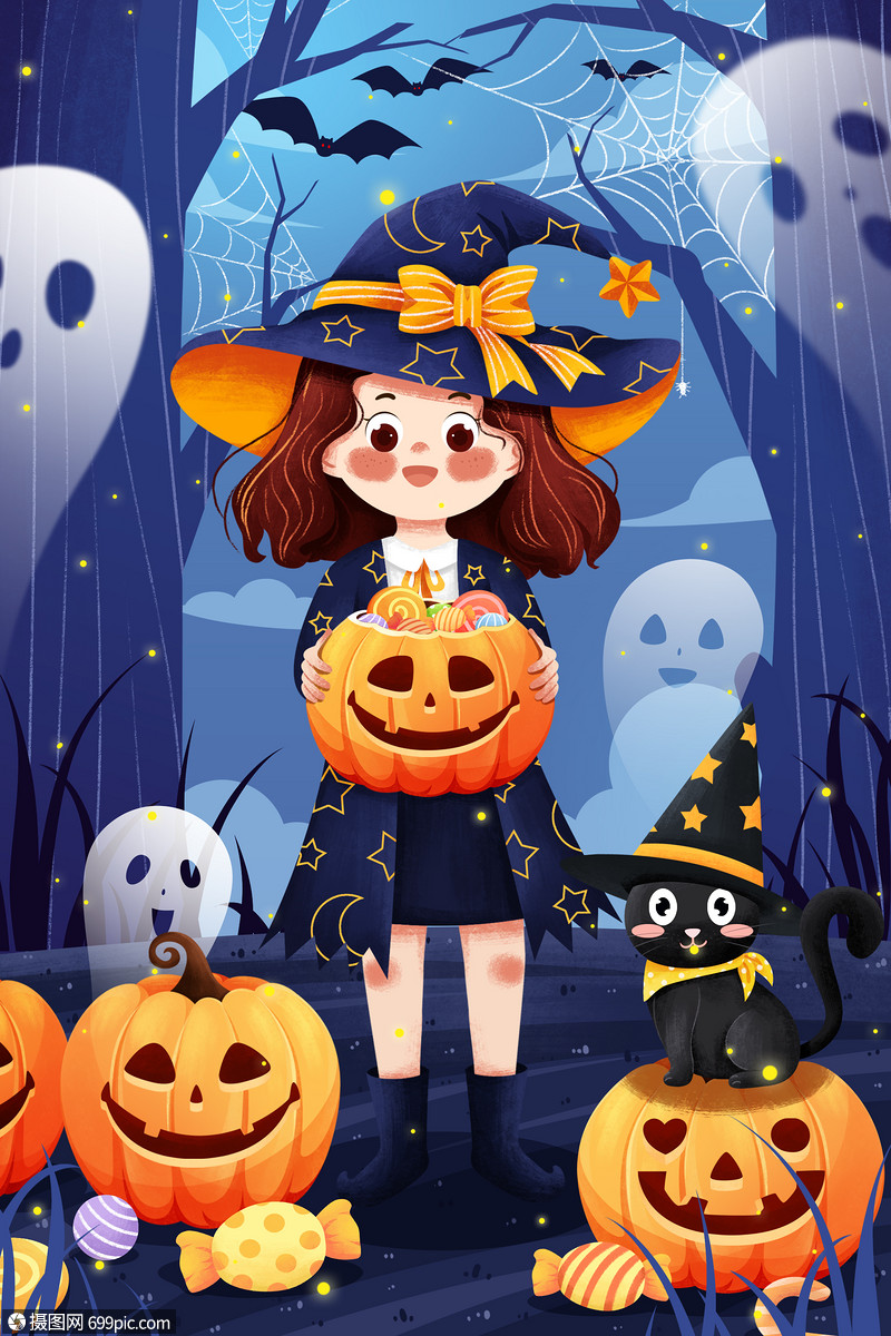 万圣节树林女孩与南瓜灯幽灵插画