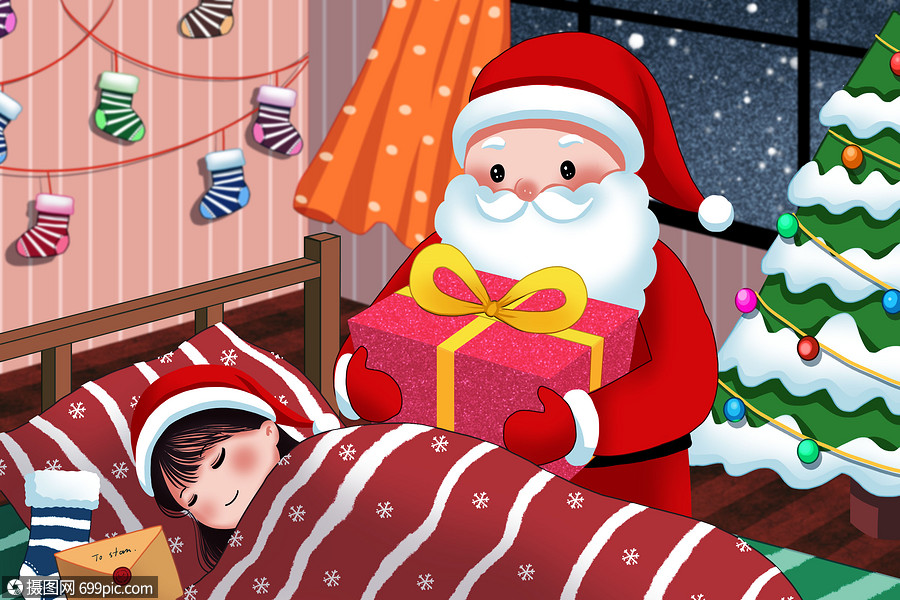 圣诞老人给小女孩送礼物西方节日圣诞树
