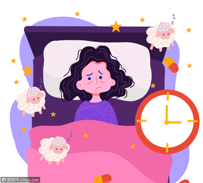 卡通手绘夜晚失眠时钟月亮晚上