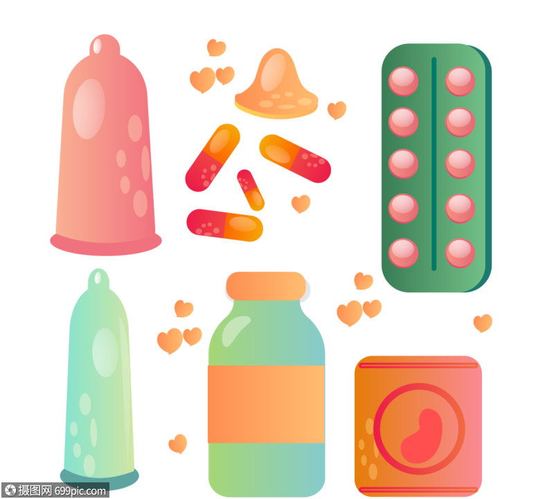手绘卡通避孕套胶囊黄色药瓶绿色