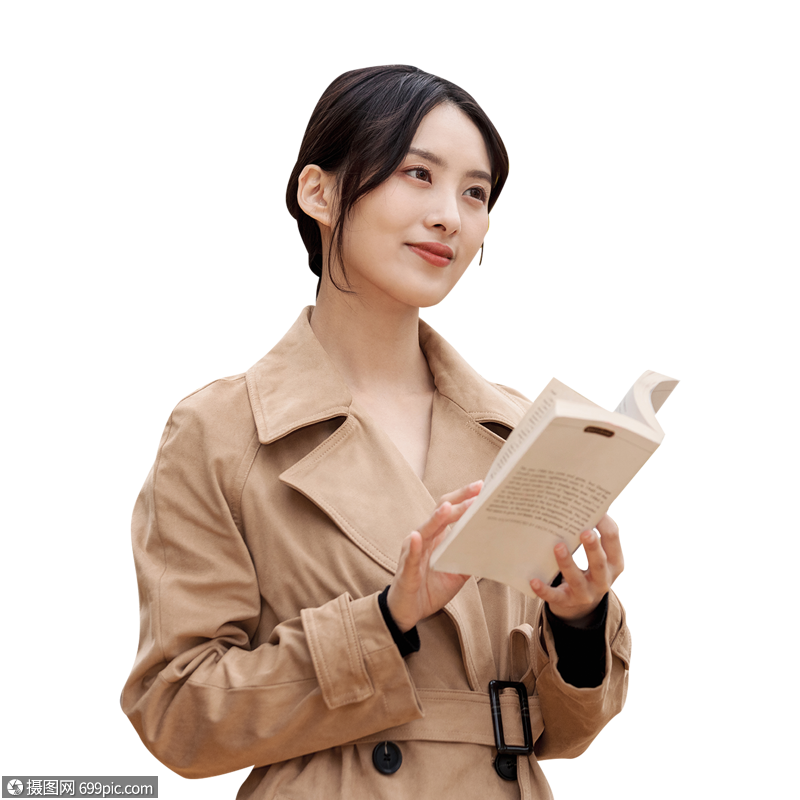 知性女青年手捧书本阅读翻阅棉服