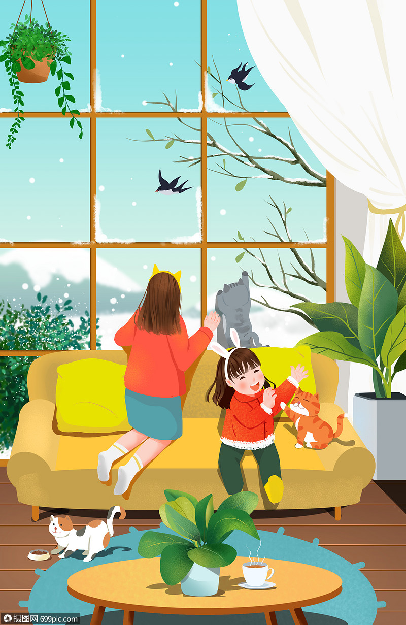 冬天亲子家庭居家插画