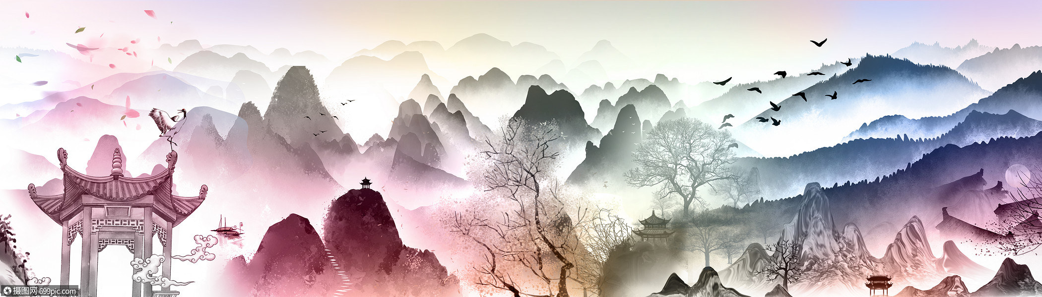 国风水墨山水图山河仙鹤