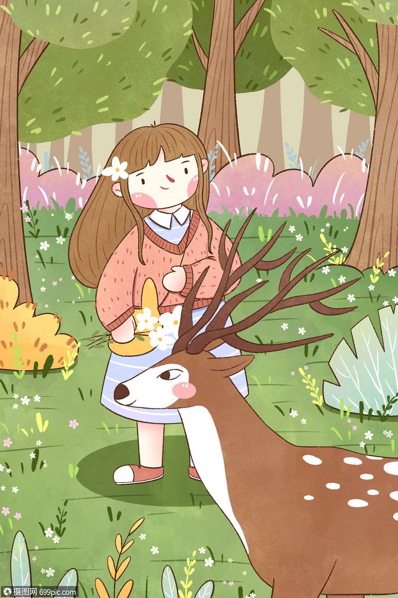 春天女孩与鹿插画