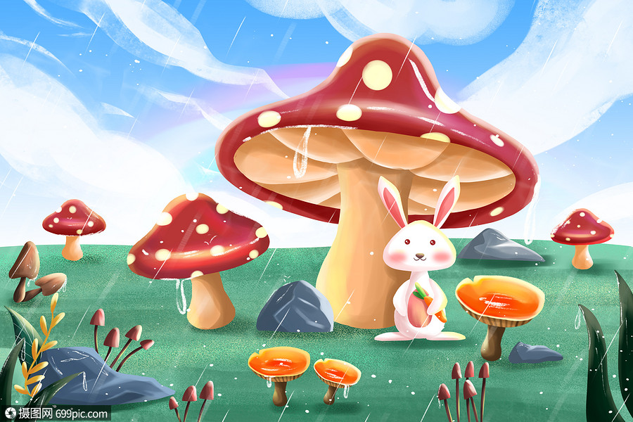 雨水之蘑菇与兔子插画二十四节气下雨