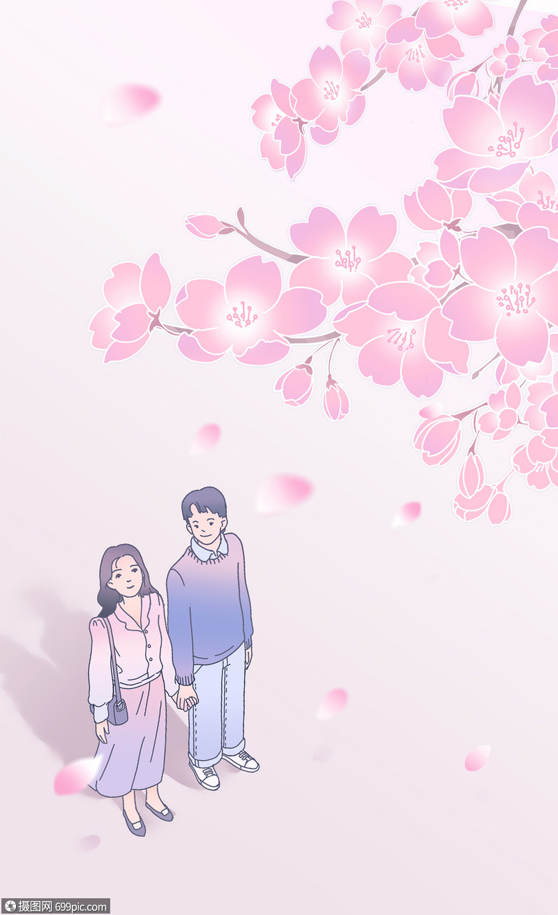 春天樱花树下的情侣手机壁纸海报插画