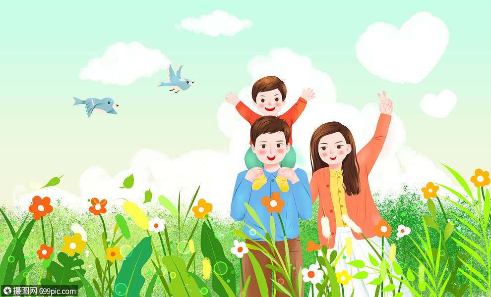 亲子家庭郊外春游场景鲜花温馨