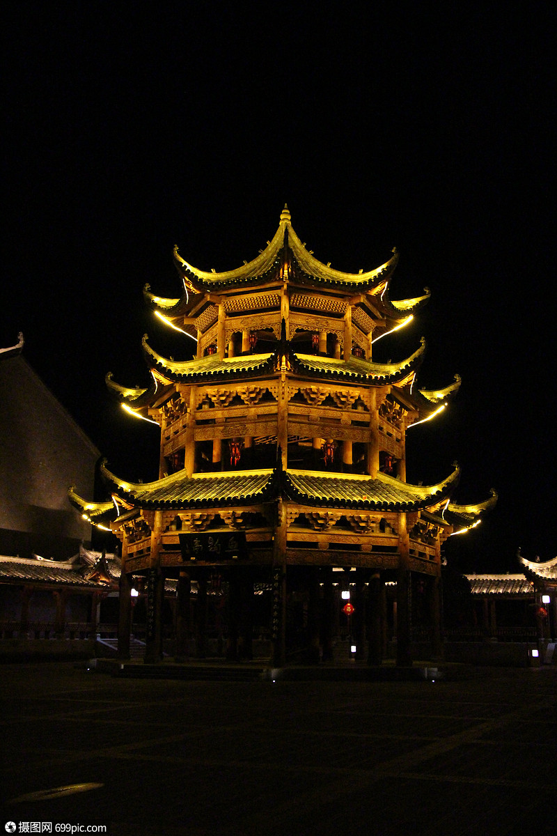 茶博园古建夜景高清图片素材