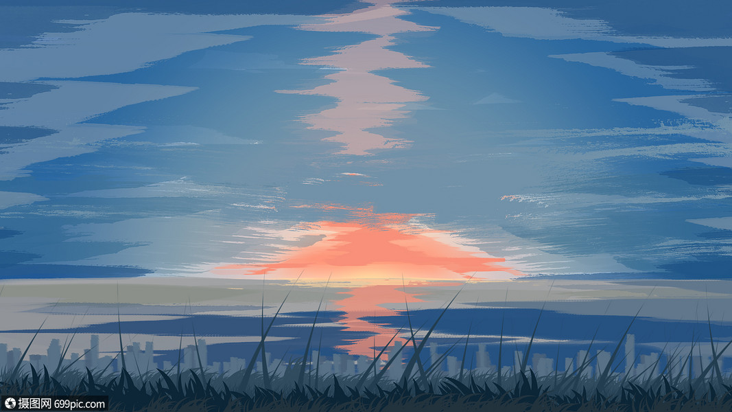 手绘夕阳下的天空场景日系