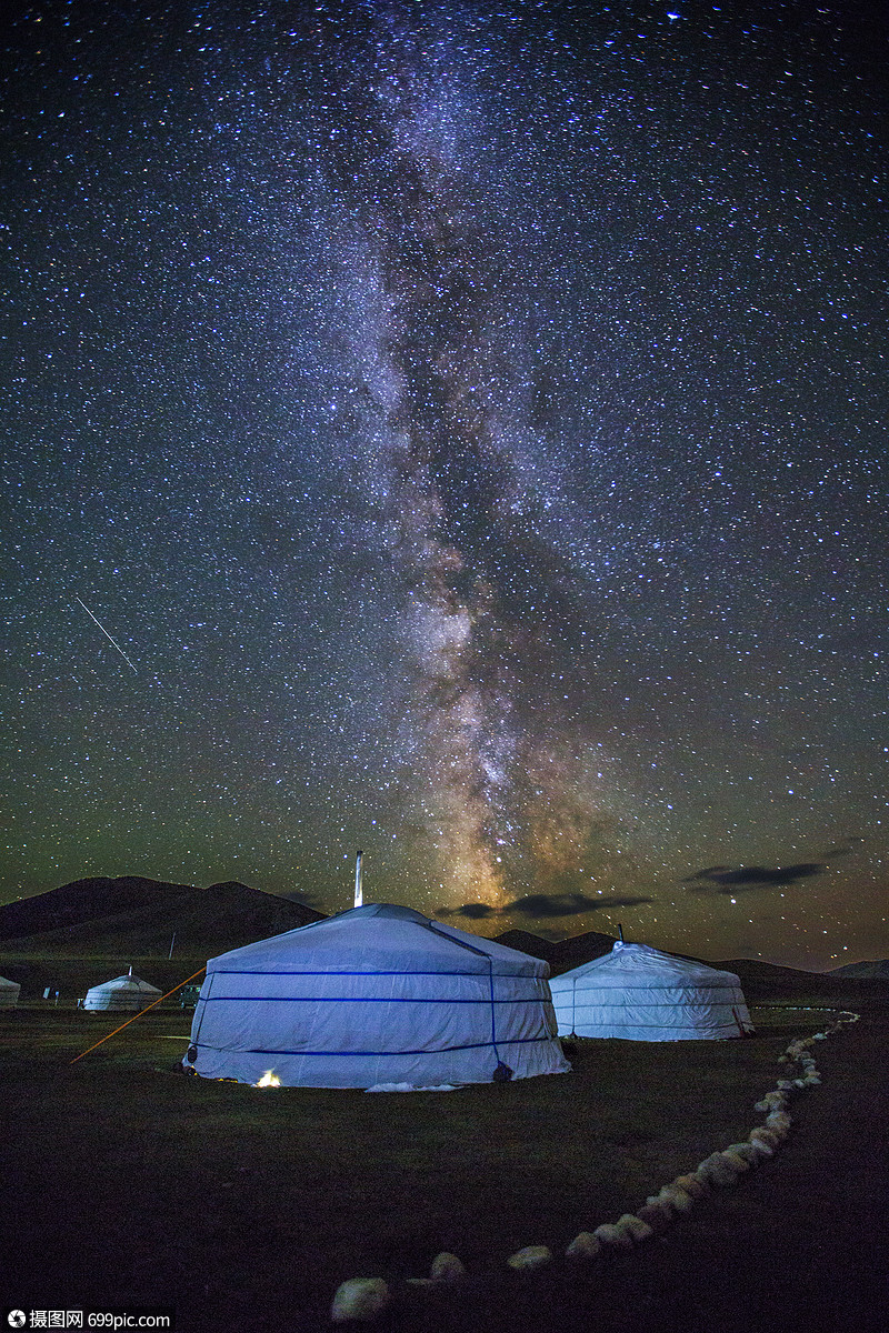 璀璨星空银河下的草原蒙古包