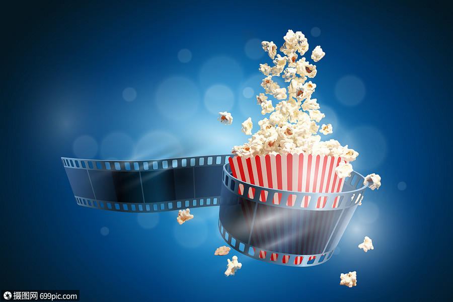 电影胶卷与爆米花放映器材创意背景图