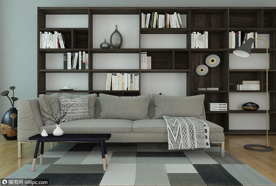 沙发书架组合效果图茶几