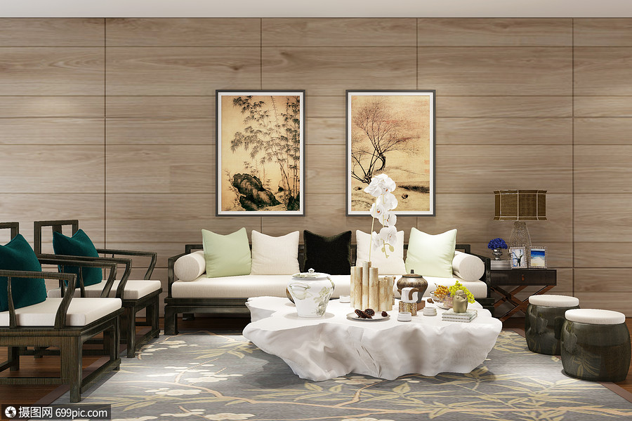 新中式客厅空间场景设计