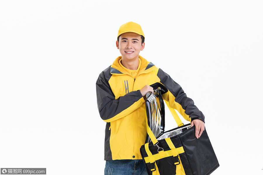 外卖小哥翻看外卖保温箱快递员物流