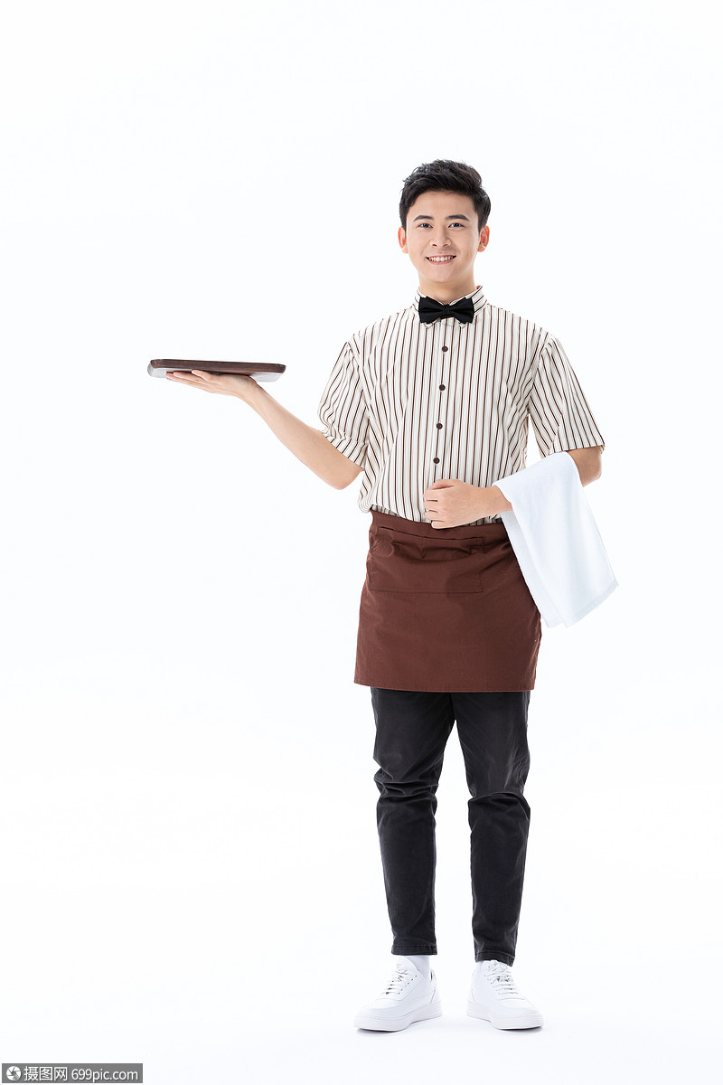 托着托盘的咖啡店服务员中国人店员