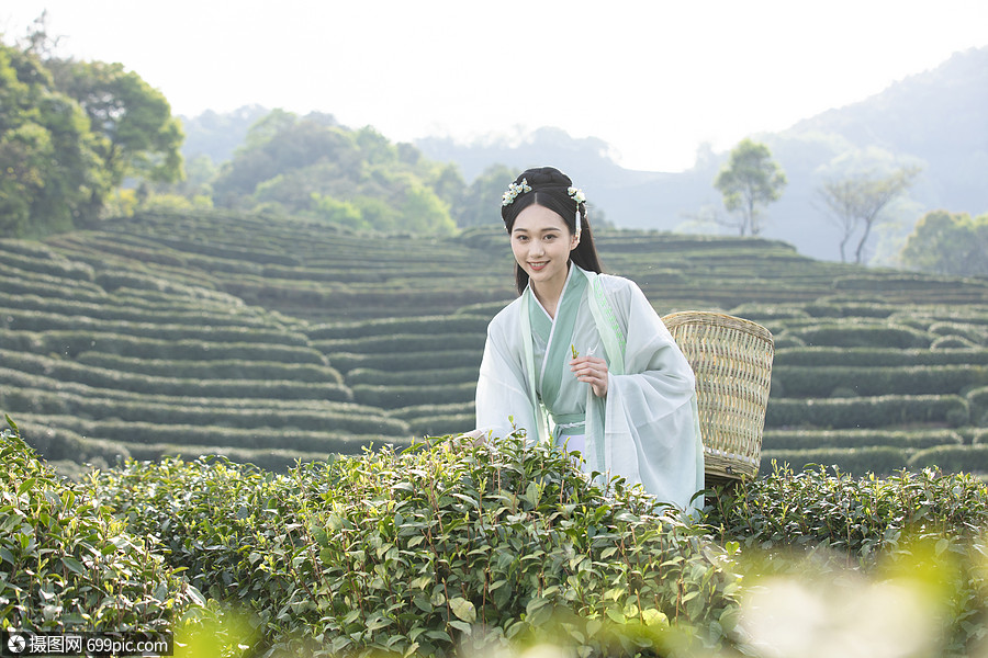 汉服古装美女背茶篓采茶中国人人物