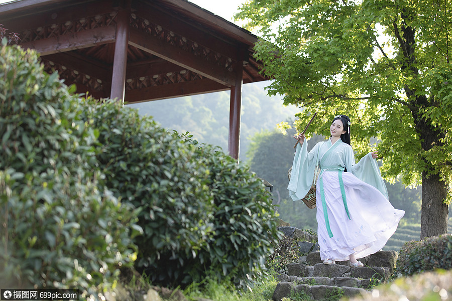 汉服古装美女行走在茶园中