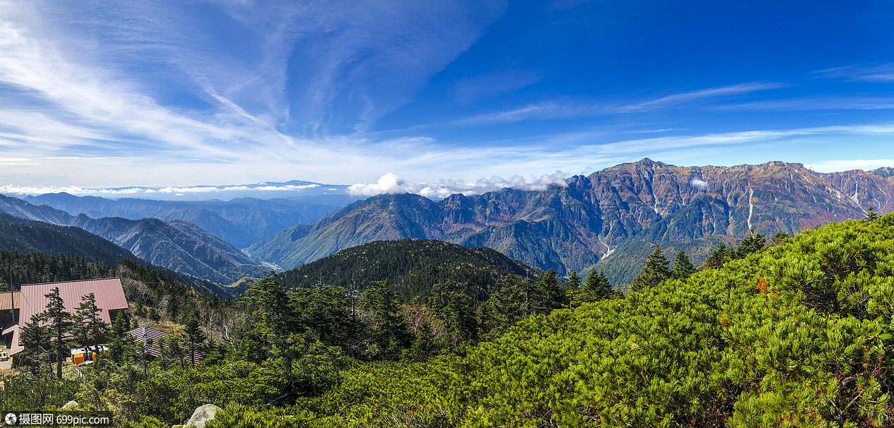 日本阿尔卑斯山群山风光全景图山顶自然风光