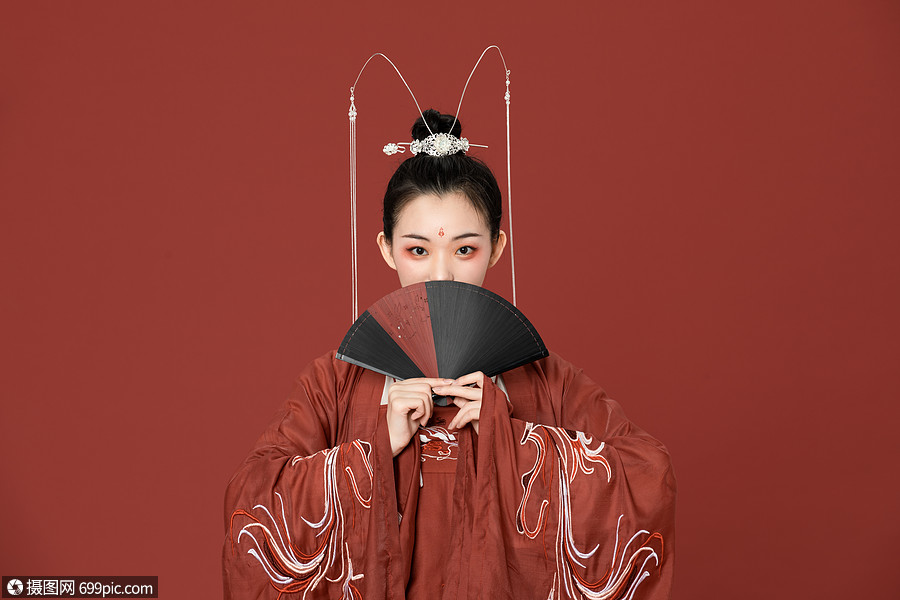 古风汉服美女拿扇子遮脸东方人人物