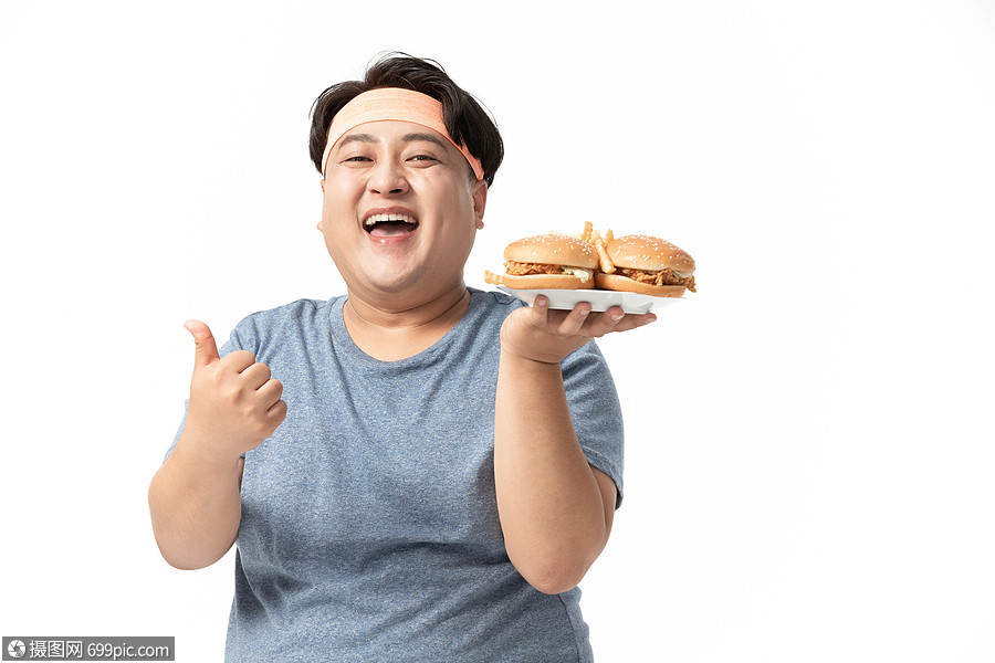肥胖男士手拿汉堡点赞暴饮暴食中国人