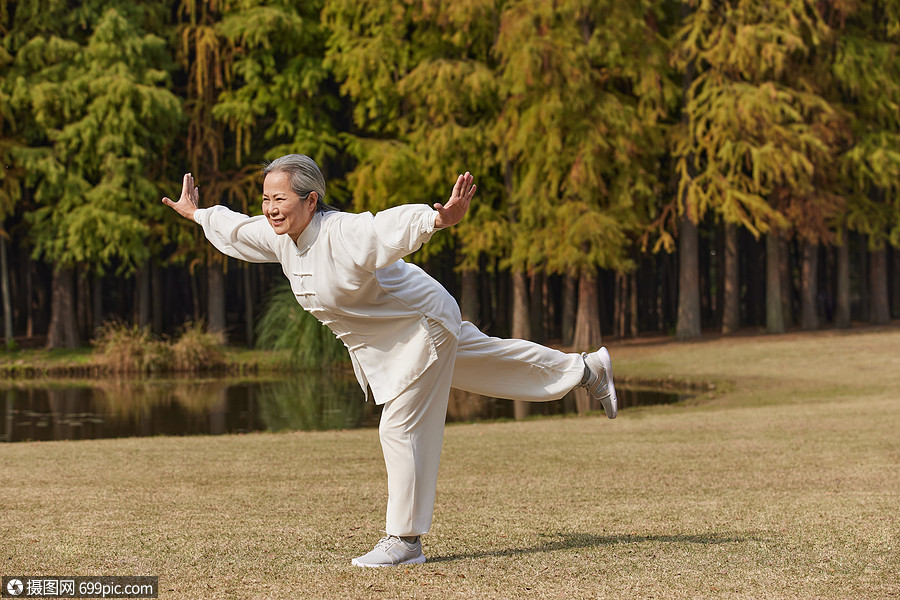 秋季老奶奶养生运动公园里练太极武术功夫